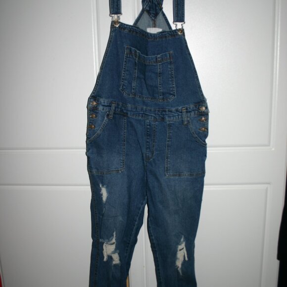 Distressed denim overalls - Picture 1 of 7